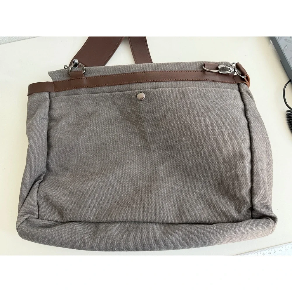 Canvas Messenger Bag Laptop Crossbody Charcoal Gray Brown Trim Work Travel Bag